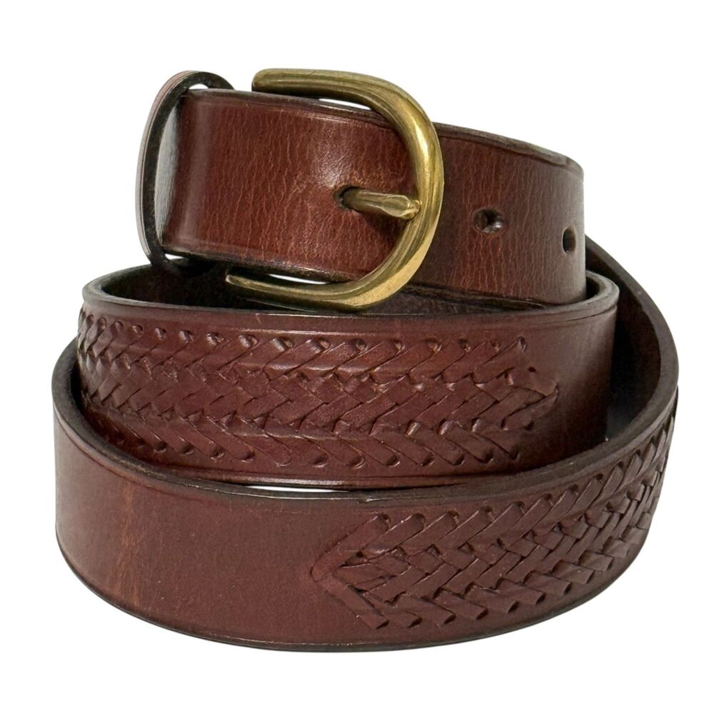 Brown Full Grain Leather Belt Braided Inset Men 34 Gold Tone Rounded Buckle 8422